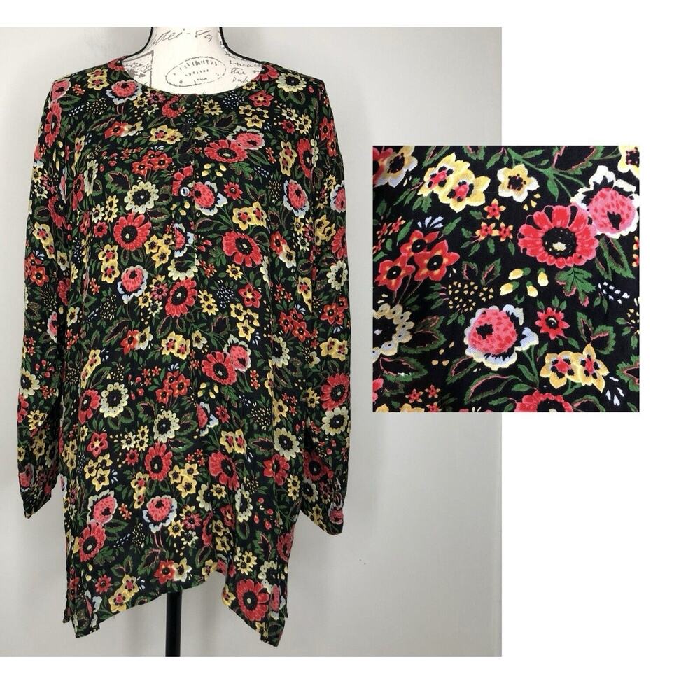 Vintage 'After All' Vibrant Floral Long Sleeve Tunic Button Front V Neck 22W